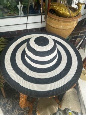 Wide-Brim Black and White Striped Sun Derby Hat